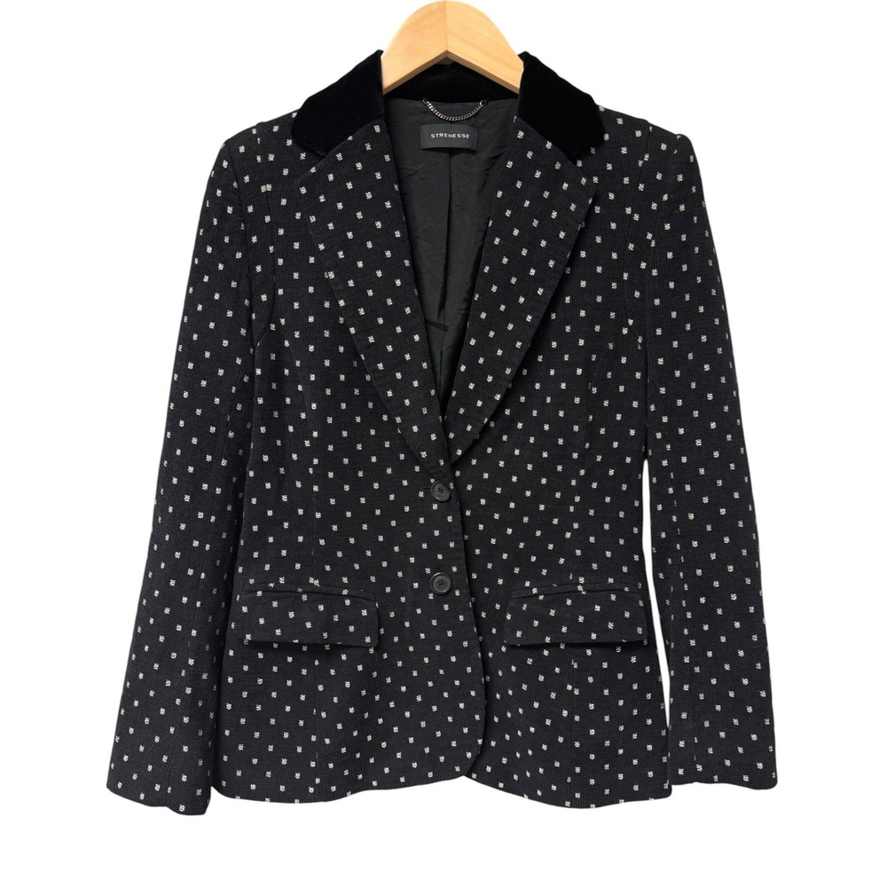 Strenesse Velour Blazer Women 6 Black Velvet Collar Wool Blend Dark Academia EUC
